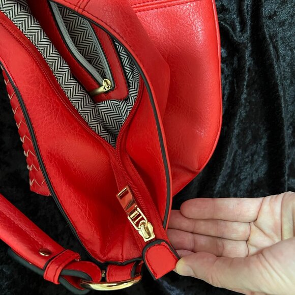 Red faux leather purse with woven front, zip close, interior pockets, outer zip - Picture 7 of 8